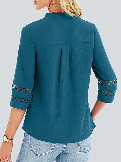 3/4 Length Sleeve Womens Tops V Neck Dressy Casual Blouses Lace Tunic Pleated Shirts Business Casual Outfits 2026